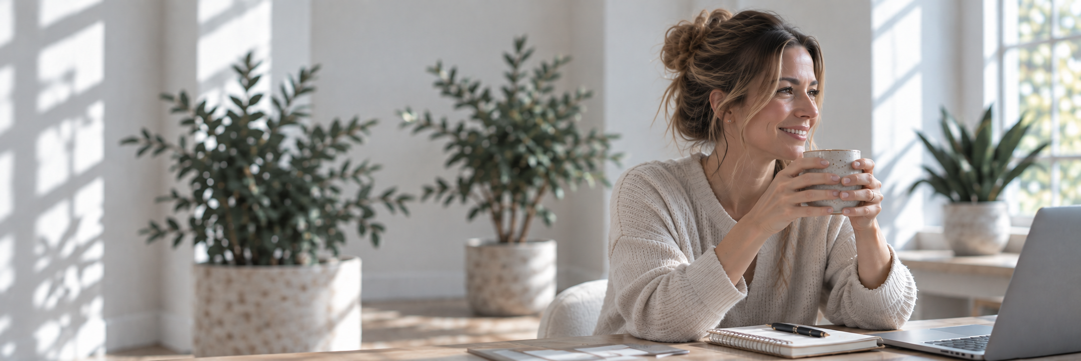 Woman enjoying a calm moment with tea in a sunlit home office