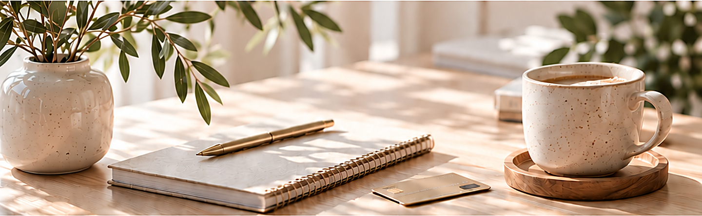A wood desk flat-lay with a notebook, pen, credit card and a latte