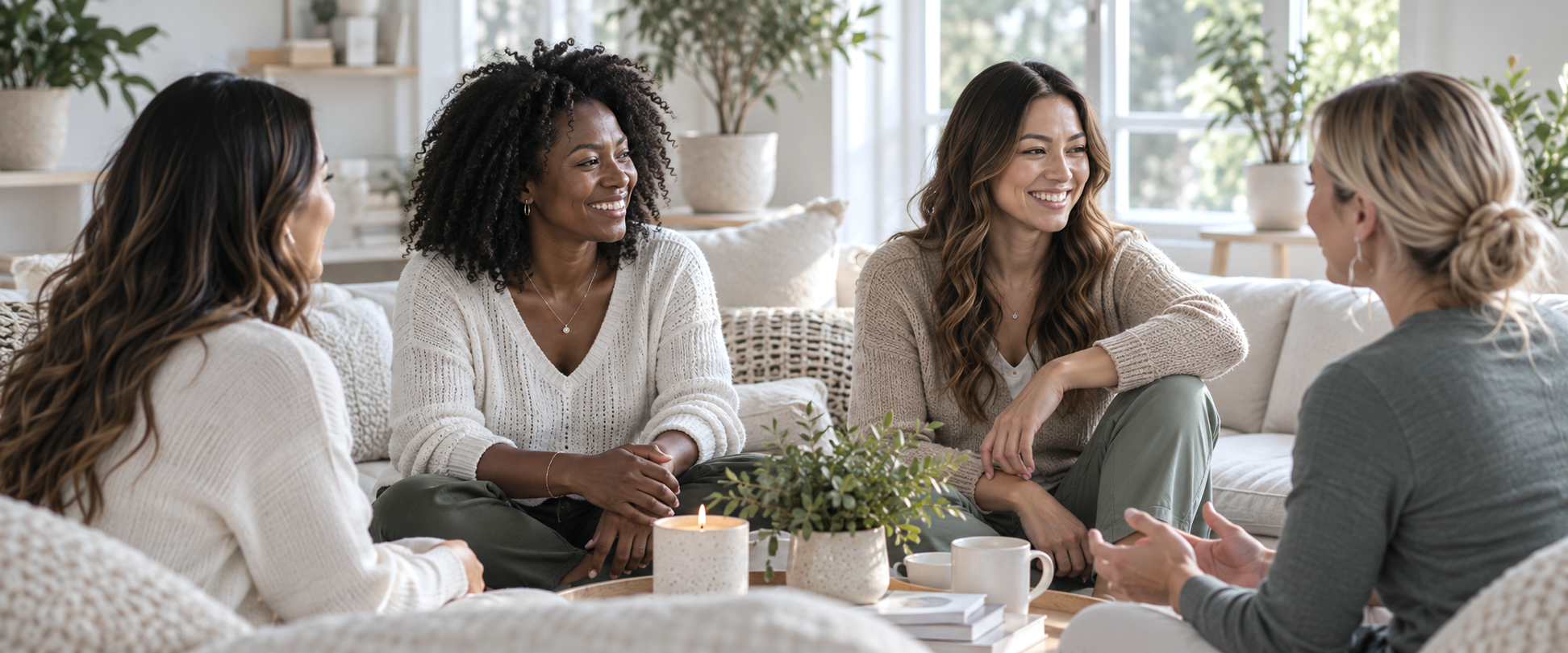 Women sharing a relaxed conversation in a support circle