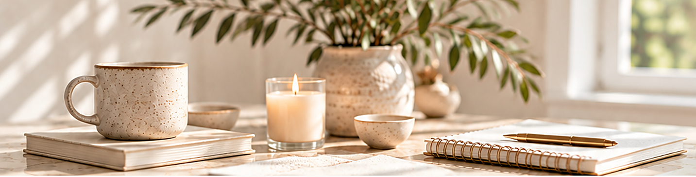 A calm, reflective flat-lay with a mug, lit candle, olive branches and a notebook