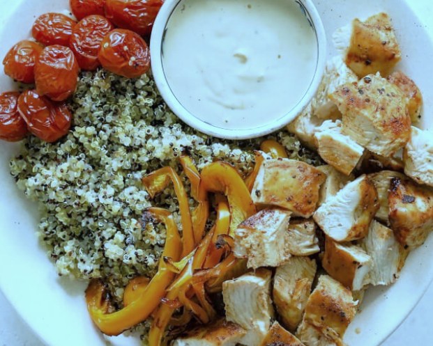 Roasted Chicken, Veggies & Quinoa with Tahini Sauce